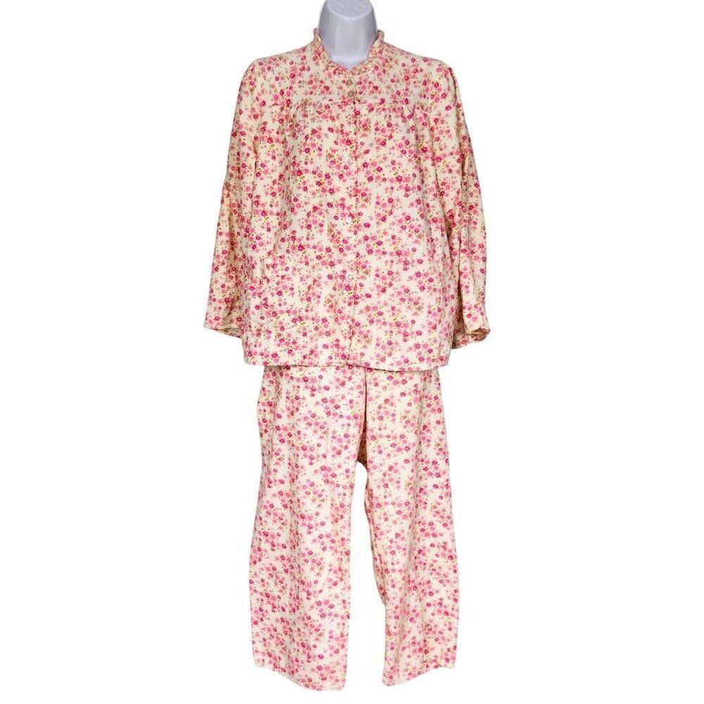 Vintage Womens S Pajamas Pink Floral Long Sleeve Top Bottom Cotton Flannel